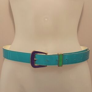 Vintage 1990s Colorblocked Patent Leather Belt Sz Medium/Large Blue Purple Green